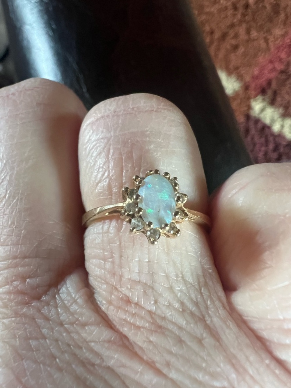 14K Gold Opal Halo Ring - Iridescent Blue Opal Women's Ring. Size 6
